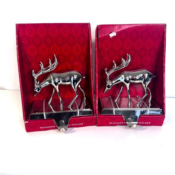 Reindeer Stocking Holder-Set of 2-NEW Silver Christmas 2003 Holiday Mantle Decor - Picture 1 of 6